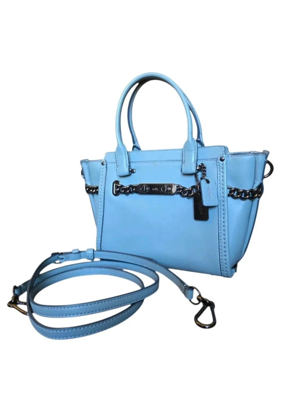 Coach Swagger 27 Cloud Blue Glovetanned Leather Satchel Chain Bag 59542 AUTH